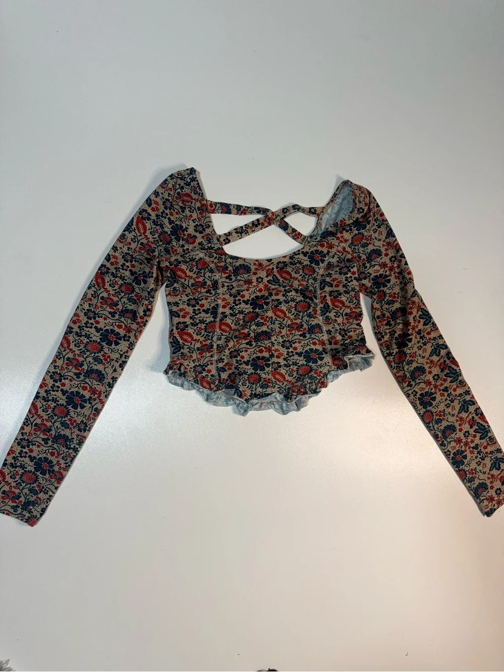 Free People Floral Scoop-Neck Crop Top - Cream with Pink & Blue